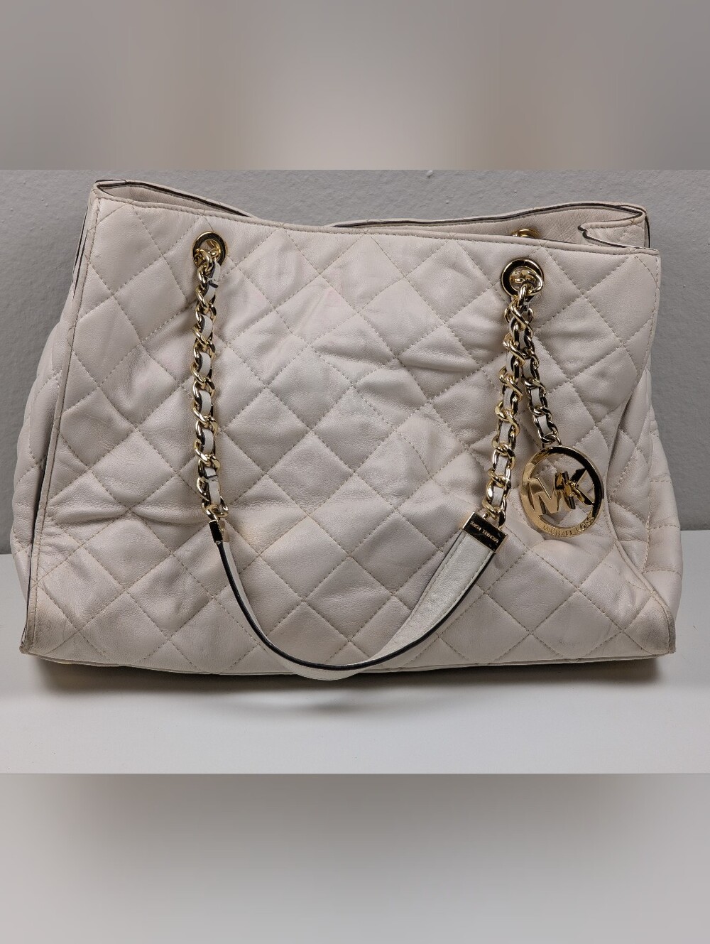 Michael Kors Off White Cream Quilted Leather Chain Tote Bag MK Charm Fair
